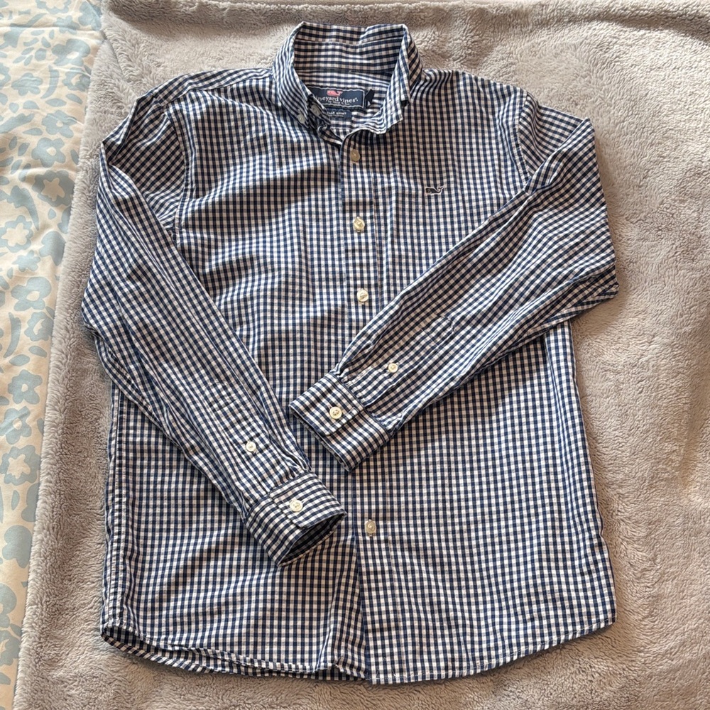 EUC Boys Vineyard Vines Blue/White Gingham Shirt Size M (12-14)